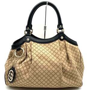GUCCI 211944 Diamante Tote Bag, Canvas, Leather, Beige, Black, Women's